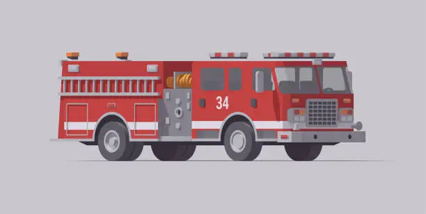 Vector illustration of Vector red fire truck. Type 1 rescue fire engine. Isolated illustration