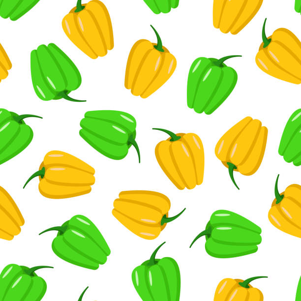 ilustrações, clipart, desenhos animados e ícones de padrão sem emenda de pimenta-do-sino verde e amarela doce. ilustração vetorial de vegetais. - bell peper