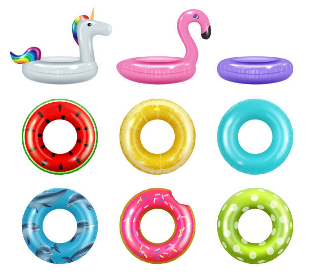 Inflatable donuts. Safety rubber rings toys rings for water pool colored swimming donuts decent vector realistic pictures set isolated Inflatable donuts. Safety rubber rings toys rings for water pool colored swimming donuts decent vector realistic pictures set isolated. Toy safety pool, lifebuoy to swimming summertime illustration swimming float stock illustrations