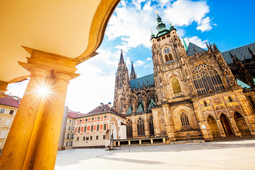 Panoramic view of St. Vitus Cathedral in Prague, Czech Republic. Wide-angle photo.