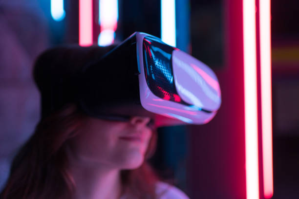 istock Futuristic vr device close up. Innovation digital goggles on young woman 1328645893