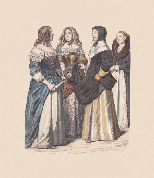 illustrations, cliparts, dessins animés et icônes de 17ème siècle, costumes anglais et français, gravure sur bois colorée à la main, publié vers 1880 - rouen