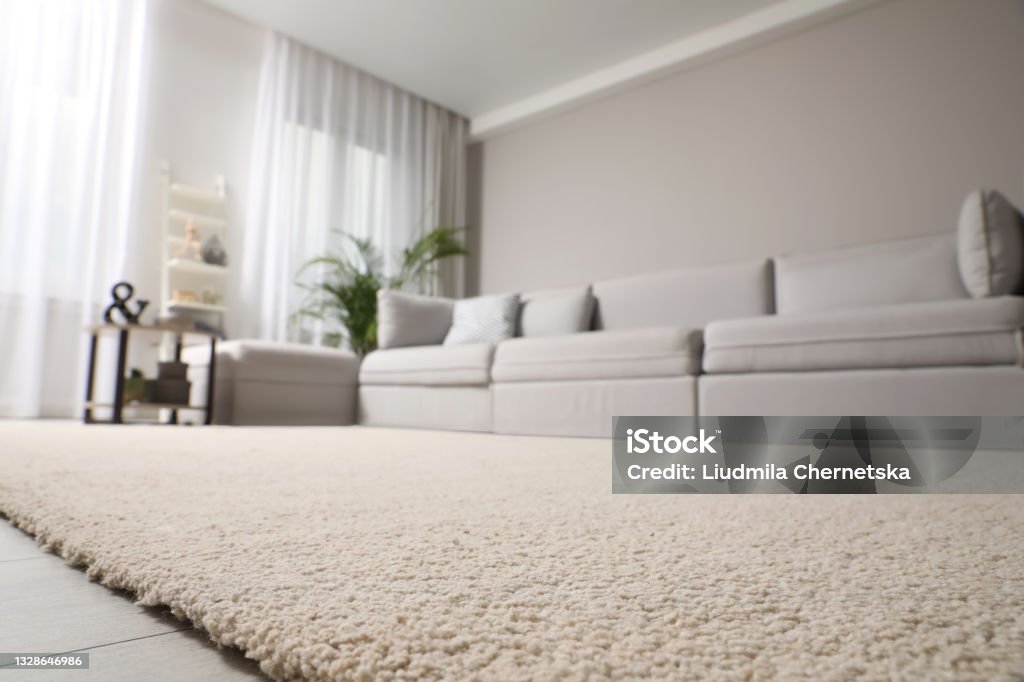 Living room interior with stylish furniture, focus on soft carpet - 免版稅地顫圖庫照片