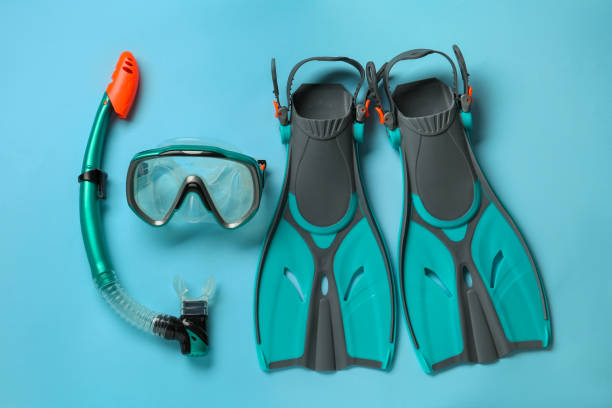 istock Pair of turquoise flippers and mask on light blue background, flat lay 1328647392