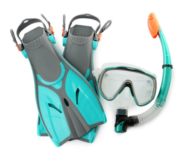 istock Pair of turquoise flippers and mask on white background, top view 1328648375