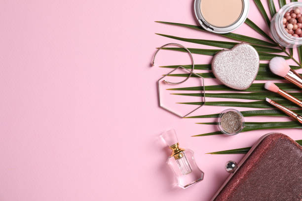 istock Flat lay composition with makeup products on pink background, space for text 1328649813