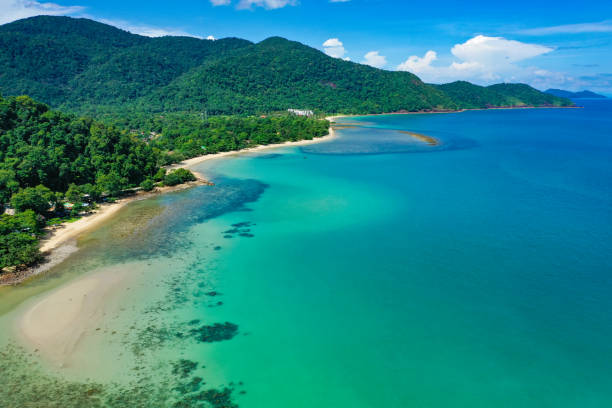 Aerial view of Bang Bao Pier and the lighthouse in koh Chang, Trat, Thailand Bang Bao Pier in koh Chang, Trat, Thailand, south east asia koh chang stock pictures, royalty-free photos & images