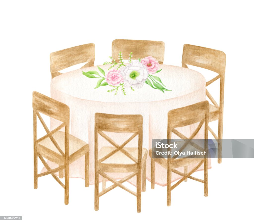 Bàn Tròn Màu Nước Được Trang Trí Bằng Khăn Trải Bàn Và Hoa Bàn Tiệc Vẽ Tay Với 6 Ghế Gỗ Được Cách Ly Trên Màu Trắng Phác Thảo Tiệc Cưới Thanh Bàn Tròn Màu Nước Được Trang Trí Bằng Khăn Trải Bàn Và Hoa Bàn Tiệc Vẽ Tay Với 6 Ghế Gỗ Được Cách Ly Trên Màu Trắng Phác Thảo Tiệc Cưới Thanh