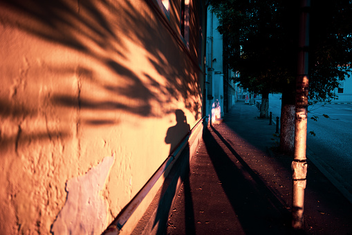 Color image depicting the long shadow of a man cast on a city street at sunset.
