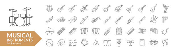 musical instrument line icon set. strings, winds, keyboards, percussion. vector illustration. collection - 吉他 弦樂器 插圖 幅插畫檔、美工圖案、卡通及圖標