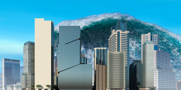 istock Tsunami wave apocalyptic water view urban flood Storm. 3D illustration 1328653901