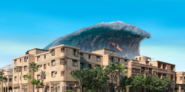 istock Tsunami wave apocalyptic water view urban flood Storm. 3D illustration 1328653917