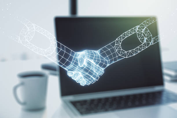 istock Creative abstract block chain technology sketch with handshake on modern laptop background, future technology and blockchain concept. Double exposure 1328654235