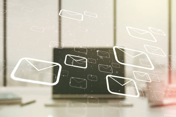 istock Double exposure of postal envelopes hologram on laptop background. Electronic mail and spam concept 1328654928