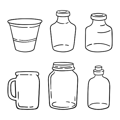 Mason kitchen jar clipart bundle, black and white glass bottles isolated items on white background, outline glassware vector illustrations