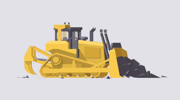 ilustraciones, imágenes clip art, dibujos animados e iconos de stock de dozer vectorial. bulldozer de trabajo amarillo grande en el fondo claro - bulldozer dozer construction equipment construction machinery