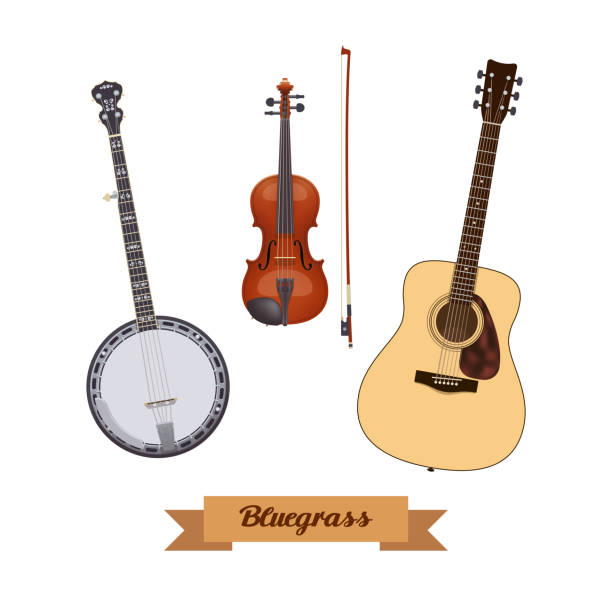 Guitar set. Realistic bluegrass instruments on white background. Violin, banjo & guitar. Vector illustration Guitar set. Realistic bluegrass instruments on white background. Violin, banjo & guitar. Vector illustration. Collection banjo stock illustrations