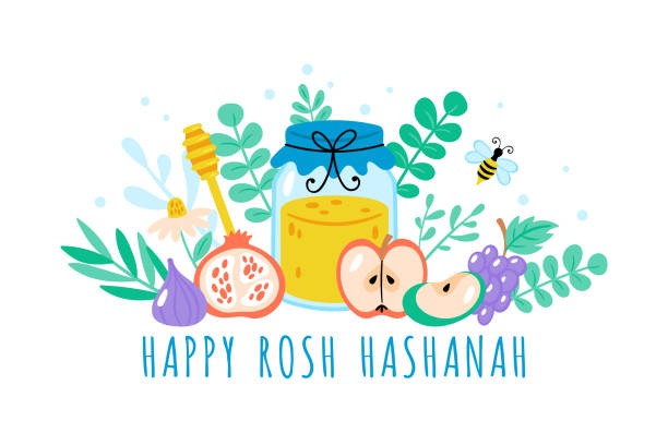 ilustraciones, imágenes clip art, dibujos animados e iconos de stock de fiesta judía rosh hashaná linda tarjeta de felicitación. impresión infantil para banner, cartel y plantilla de invitación. - rosh hashaná