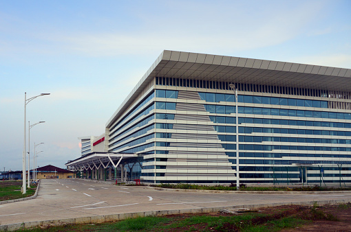 Monrovia, Liberia: land-side view of the modern Chinese built terminal at Roberts International Airport, aka Robertsfield, named in honor of Joseph Jenkins Roberts, the first President of Liberia (located in Harbel, Margibi County).