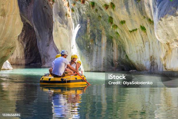 Tourists Rafting In Rubber Boat In Goynuk Canyon Located In District Of Kemer Antalya Province In Turkey Stock Photo - Download Image Now