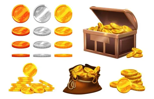 Vector illustration of Golden silver coins. Wooden chest coin treasures, bronze gold medals with stars. Isolated bag with money, cartoon game vector elements