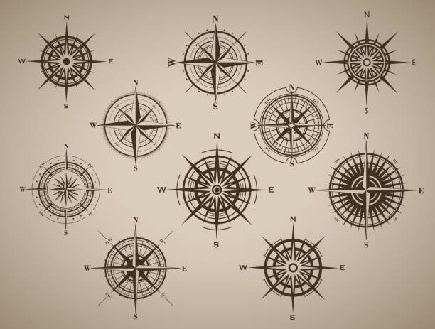 ilustrações de stock, clip art, desenhos animados e ícones de set of compass rose or wind rose on brown vintage background - drawing compass compass rose direction sea