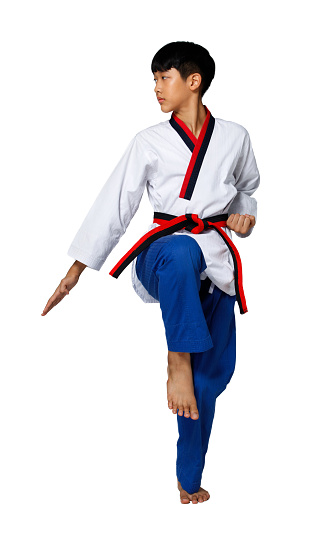 Black Red Belt TaeKwonDo Karate Kid athlete teenager show traditional Fighting Poses Poomsae in sport uniform dress, 15 years old boy, studio lighting white background isolated full length profile