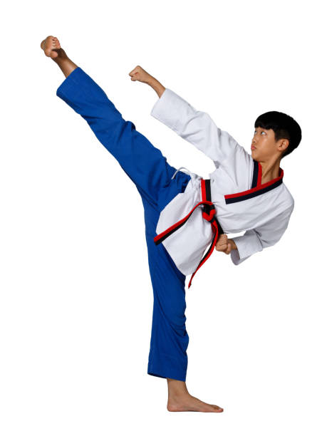 taekwondo karate kid athlete young teenager show traditional fighting - do kwon 個照片及圖片檔