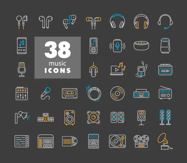 Vector illustration of Multimedia devices and symbols icons set on dark background