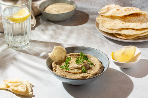 baba ghanoush, babaganush or baba ganoush in gray bowl served with  oriental flatbread on concrete background. turkish cuisine. - baba ganoush bildbanksfoton och bilder