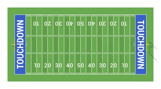 Vector illustration of American football field with goals. Top view.