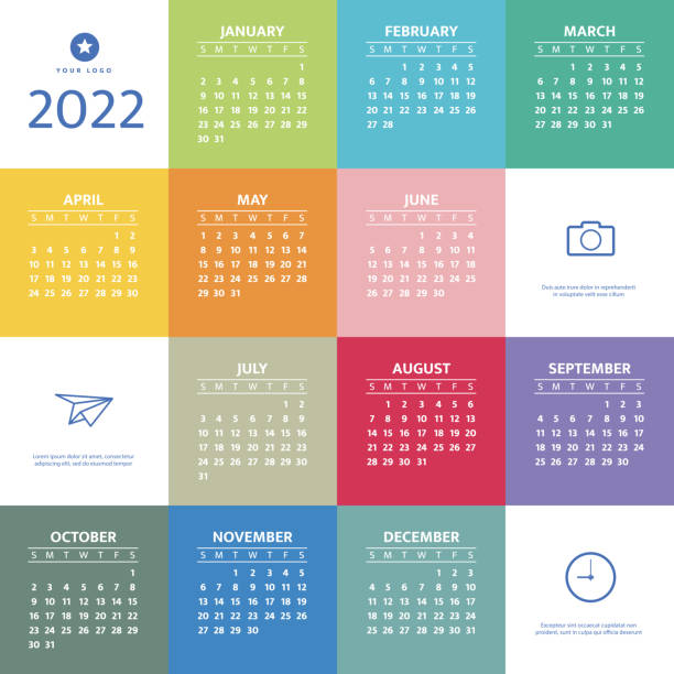 ilustraciones, imágenes clip art, dibujos animados e iconos de stock de calendario anual 2022. la semana comienza el domingo. concepto para impresión y web. ilustración vectorial. - calendar
