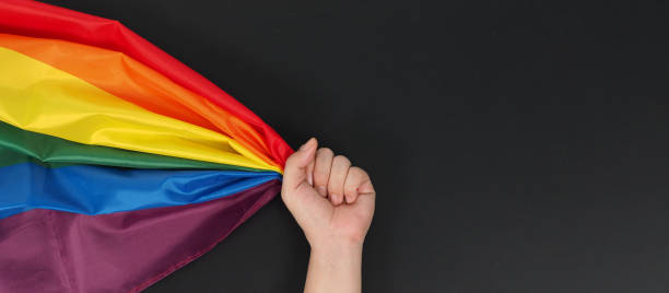 istock Hand is holding rainbow flag on black background. 1328663265