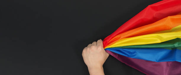 istock Hand is holding rainbow flag on black background. 1328663296
