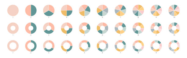 ilustrações, clipart, desenhos animados e ícones de símbolo da peça do diagrama redondo da roda. ícones de cores do gráfico de tortas. sinal de fatia de segmento. gráfico da seção do círculo. 10,2,4,5 infográfico do segmento. três fases, seis ciclos circulares. elemento geométrico. ilustração v - graph