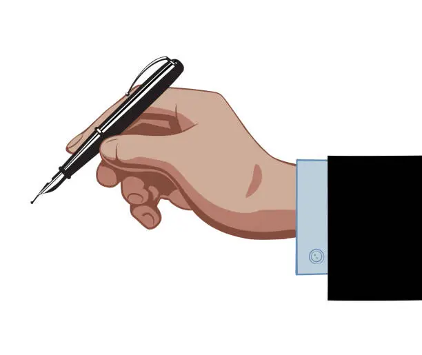 Vector illustration of Hand of a man with a black retro pen isolated on white