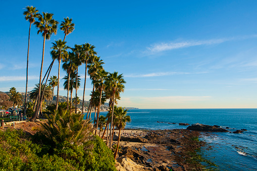 San Clemente, CA - Dec 20- 2008: A large group of people explore the rocky beach of San Clemente, along the west coast of the Pacific Ocean on a cloudless, warm winter day.