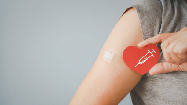 senior woman holding red heart shape with  syringe and showing her arm with bandage after got vaccinated or inoculation due to spread of corona virus, population, social or herd immunity concept stock photo