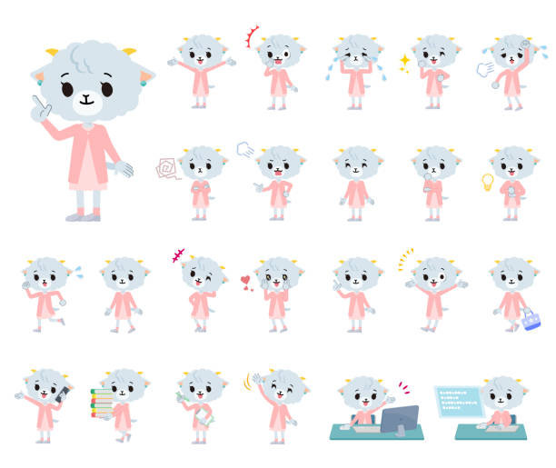 ilustraciones, imágenes clip art, dibujos animados e iconos de stock de un conjunto de ovejas chica con quien expresar diversas emociones - animal cute exhaustion technology