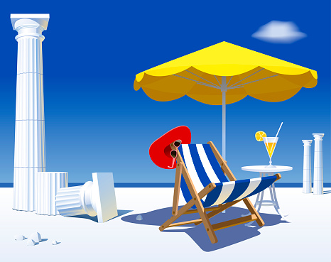 Beach chair and umbrella against the backdrop of the Adriatic landscape with ruined antique columns. Symbol and metaphor of tourism and travel. Vector 

illustration