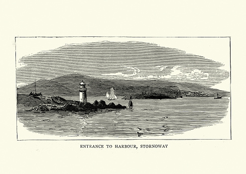 Vintage illustration of Lighthouse and entrance to harbour, Stornoway, Lewis, Outer Hebrides, Victorian 19th Century