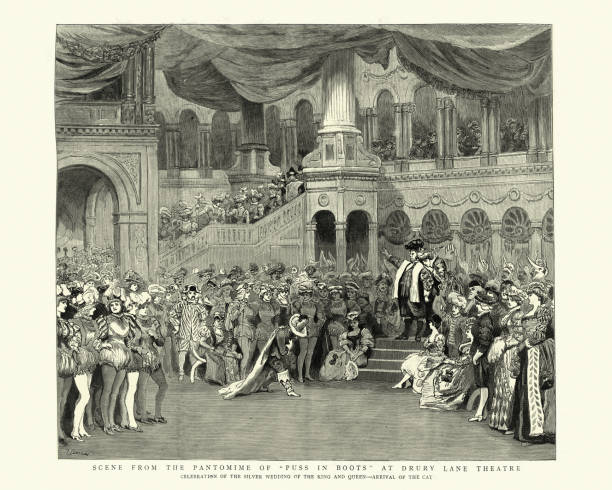 ilustrações, clipart, desenhos animados e ícones de pantomima puss em barcos, teatro drury lane, século xix vitoriano - drury lane