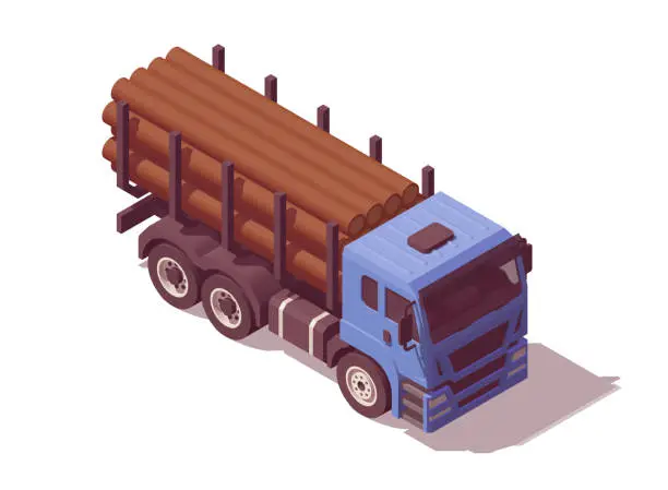 Vector illustration of Isometric timber carrier truck. Vector illustration