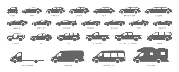 Car body types. Different vehicles. Vector illustration Car body types. Different vehicles. Vector illustration. Collection truck silhouettes stock illustrations