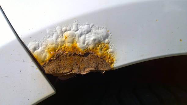 Sheet metal corrosion over wheel of old white car. Rusty messy surface, rust background and damaged grunge dirty texture from road salt and reagents. Protection and painting auto in winter. Paint work rueda excesiva de la corrosión del metal de hoja del viejo coche blanco. superficie oxidada y desordenada, fondo de óxido y textura sucia grunge dañada de sal de carretera y reactivos. protección y pintura automática en invierno. trabajos de pintura