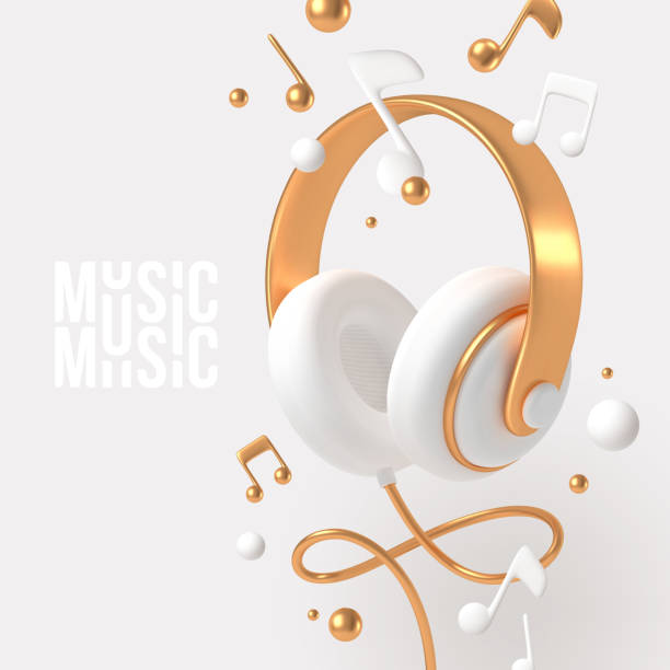 ilustraciones, imágenes clip art, dibujos animados e iconos de stock de auriculares realistas de renderizado 3d con elementos dorados y notas musicales. ilustración vectorial. - musica