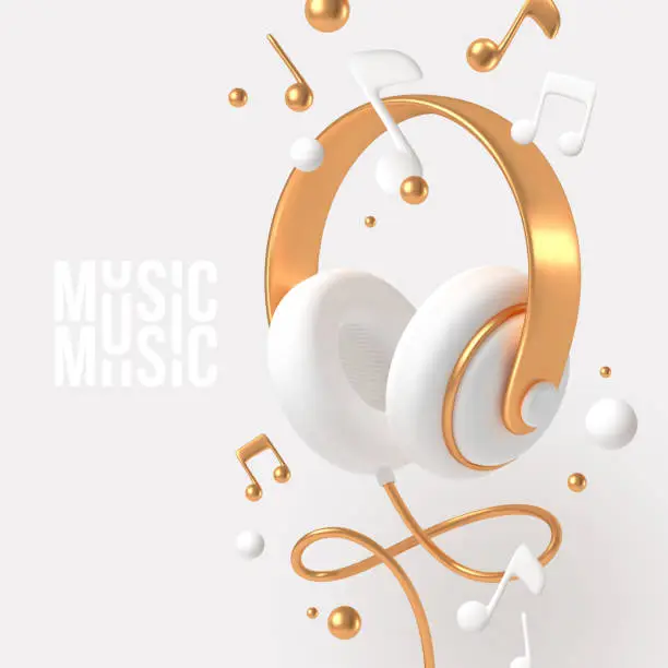 Vector illustration of Realistic 3d render headphones with golden elements and musical notes. Vector illustration.