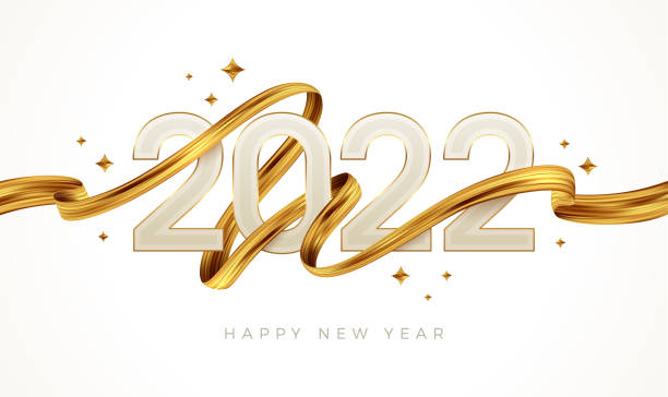 2022 neujahrslogo mit goldenem pinselstrich. neujahrszeichen mit goldenem band. vektorillustration. - neujahr stock-grafiken, -clipart, -cartoons und -symbole