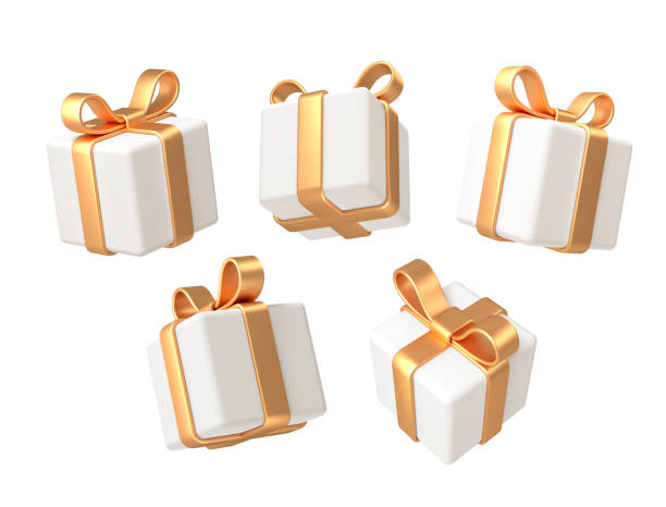Bекторная иллюстрация Набор реалистичных подарочных коробок с 3d рендером. Белая подарочная коробка с золотым бантом и лентой. Подарочная коробка в разных ракурс�