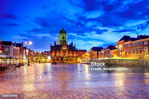Stadhuis In Dutch Old City Delft During Blue Hour In Holland The Netherlands Horizontal Composition Stock Photo - Download Image Now